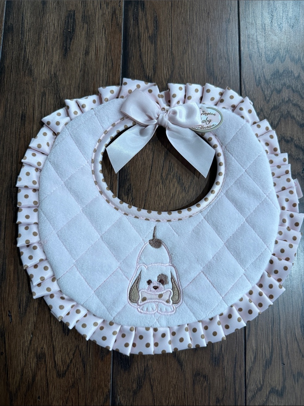 NWT: Bearington Baby Quilted Ruffle Bib with Bow - Pink Polka Dot